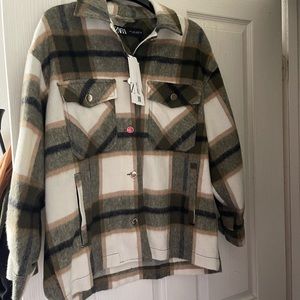NWT Zara Green Cream Brown Plaid Shacket Sz Small